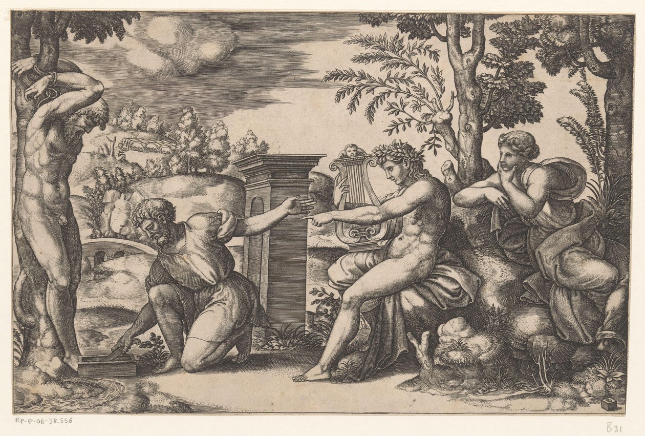 Apollo en Marsyas door Meester van de Dobbelsteen