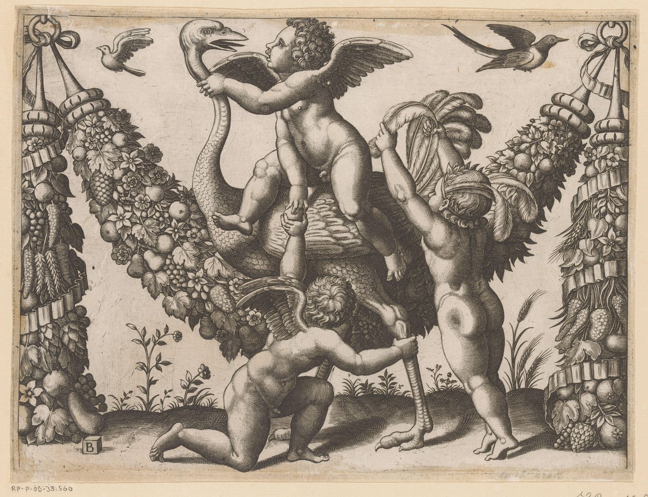 Drie putti en een struisvogel (Tapisserieën van de paus) door Meester van de Dobbelsteen