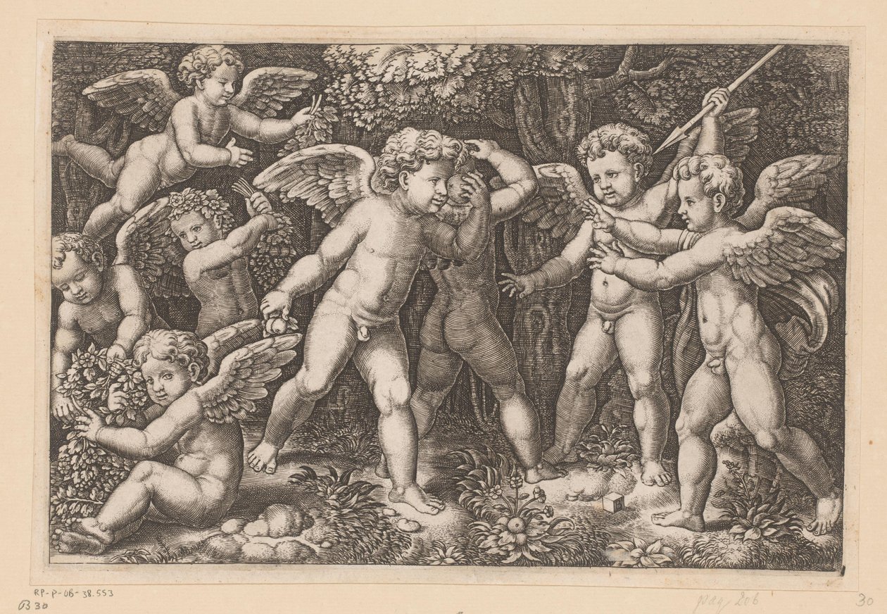 Spelende putti door Meester van de Dobbelsteen