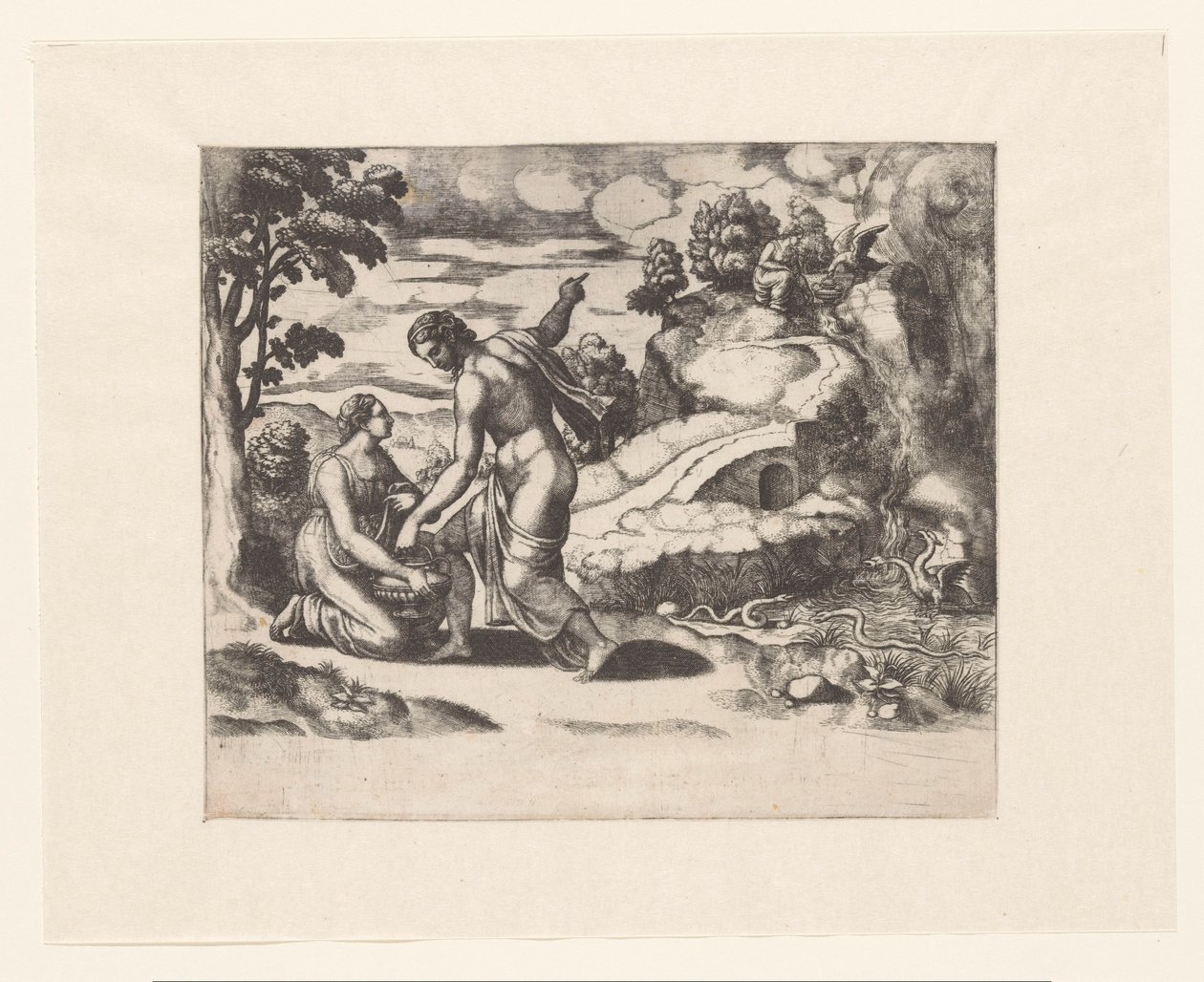 Venus stuurt Psyche naar een bron bewaakt door draken door Meester van de Dobbelsteen