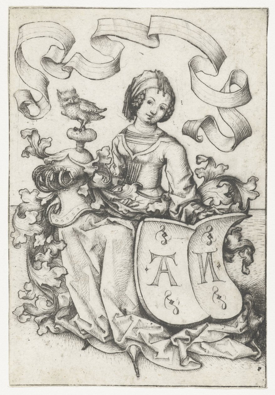 Dame met uil en wapenschild met de letters AN door Meester van het Amsterdamse Kabinet