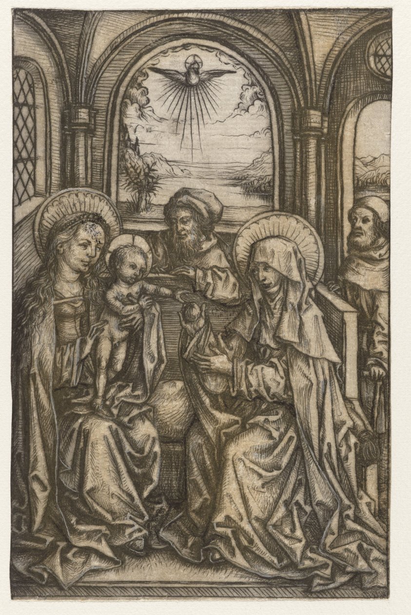 De Heilige Familie in een gewelfde ruimte door Meester van het Amsterdamse Kabinet