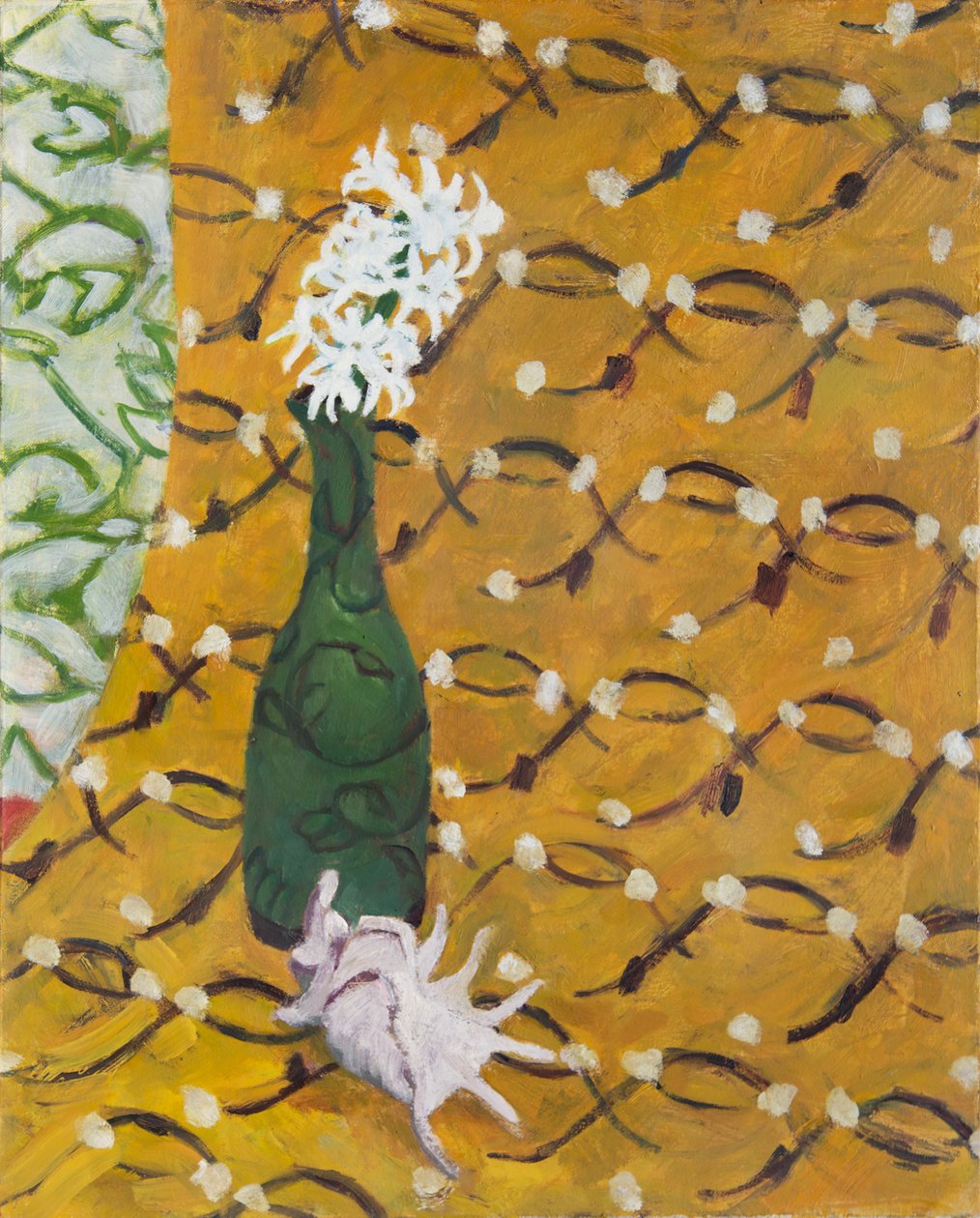 Schelp met bloemen en drie patronen, 2019 (olieverf op doek) door Megan Williamson