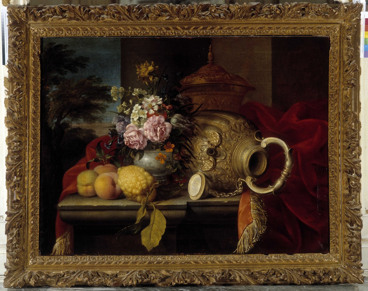 Stilleven met boeket, fruit, vaas en rode stof door Meiffren (c.1630 1705) Conte