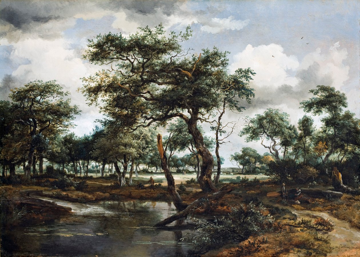 Een vijver in het bos door Meindert Hobbema