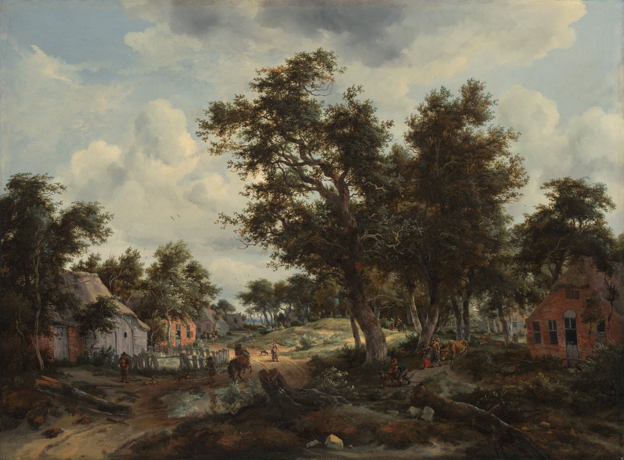 Een boslandschap met reizigers op een pad door een gehucht door Meindert Hobbema
