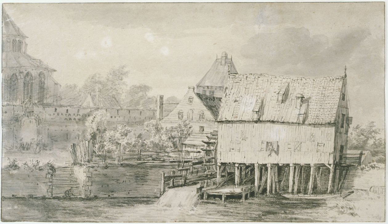 De zogenoemde Bergkerk en watermolen in Deventer (Lugt 43) door Meindert Hobbema