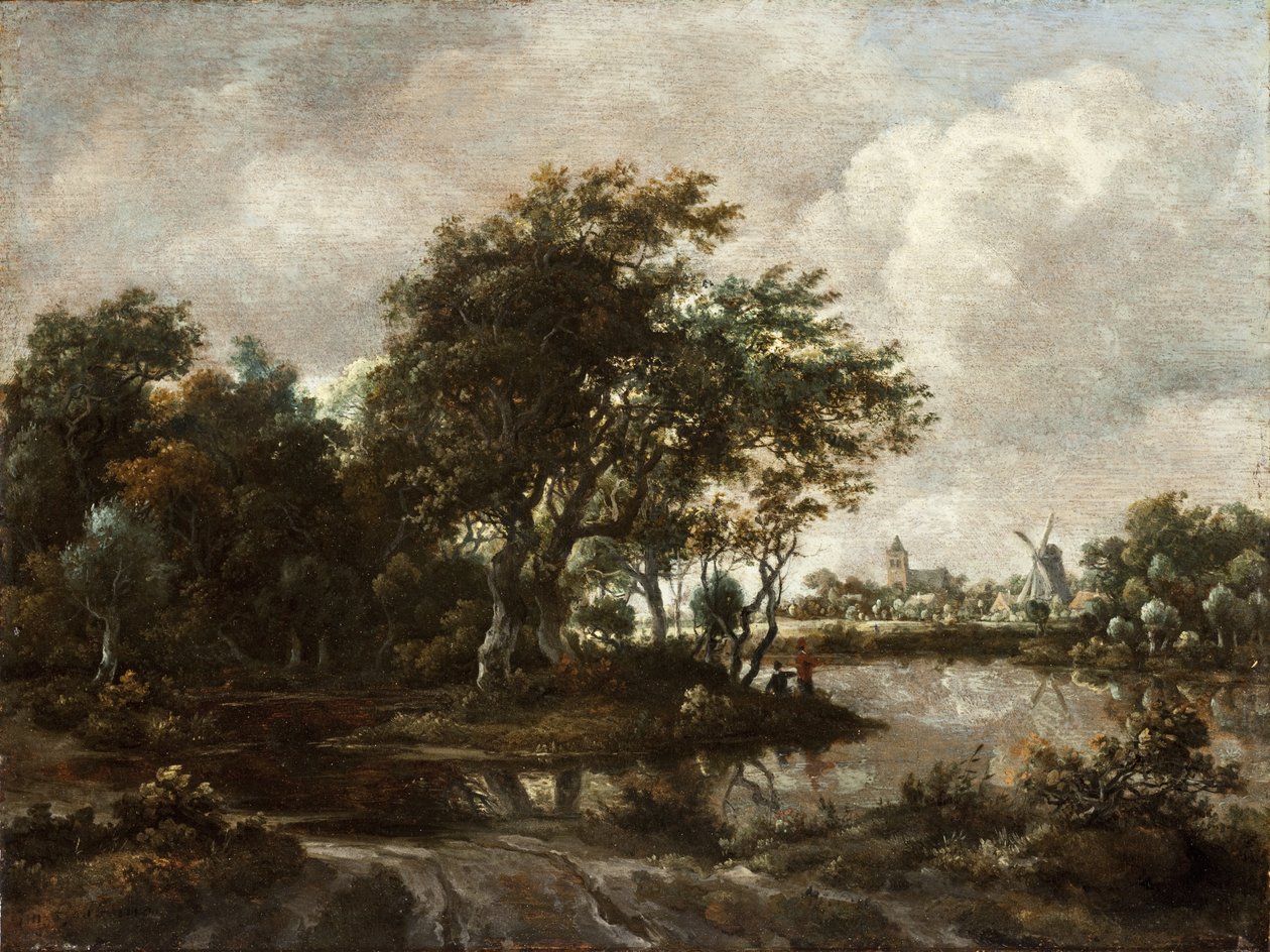 Landschap met hengelaars en een stad in de verte door Meindert Hobbema