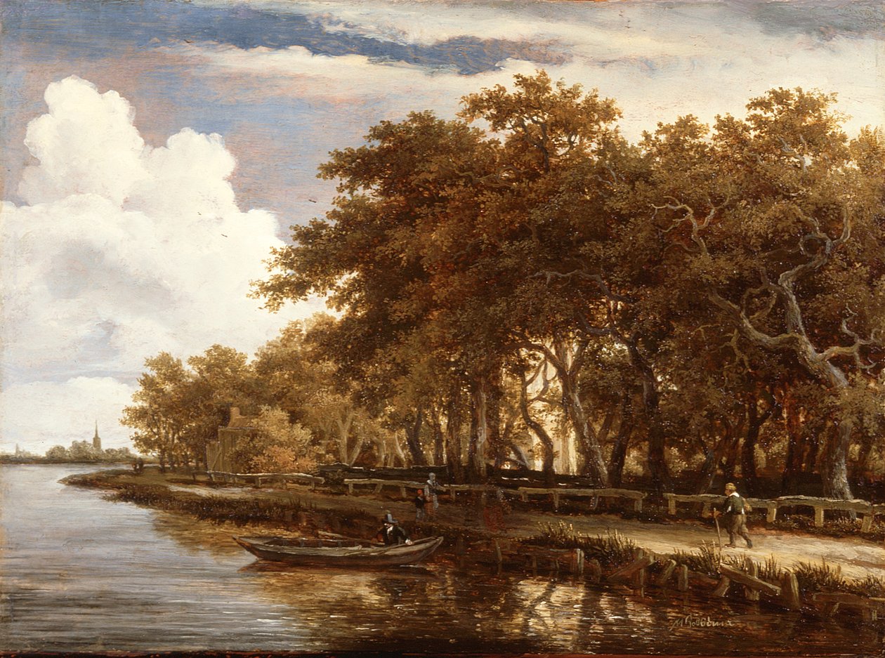 Gezicht langs de Amstel, ca.1660 (olieverf op paneel) door Meindert Hobbema