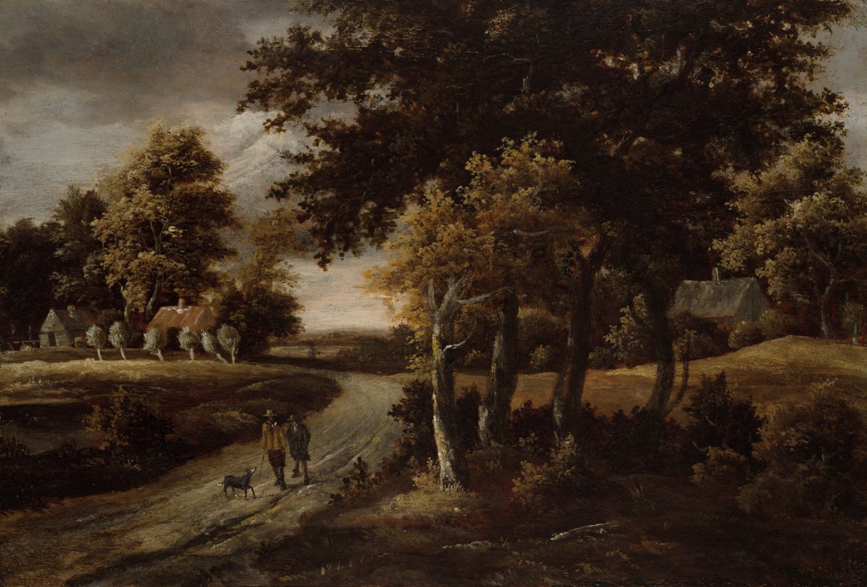 Bossenlandschap met figuren op een pad door Meindert Hobbema