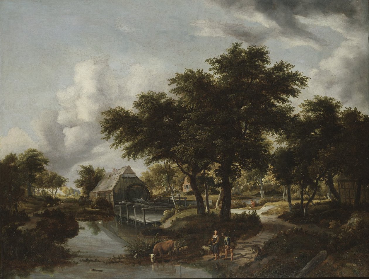Boslandschap met een watermolen door Meindert Hobbema