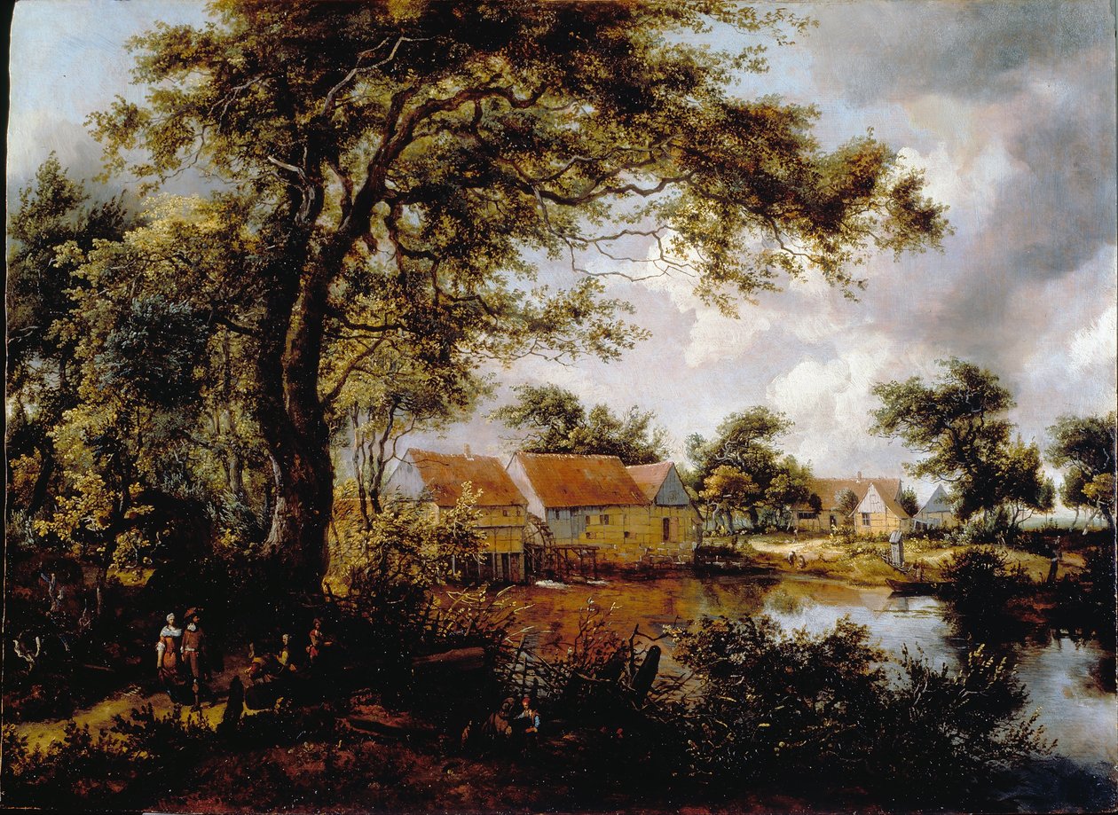 Boslandschap met een watermolen door Meindert Hobbema