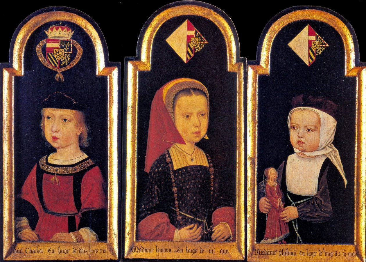Aartshertog Karel, de latere Heilige Roomse Keizer Karel V., met zijn zussen Eleonore en Isabella op 2-jarige leeftijd door Meister der St. Georgsgilde der St. Georgsgilde