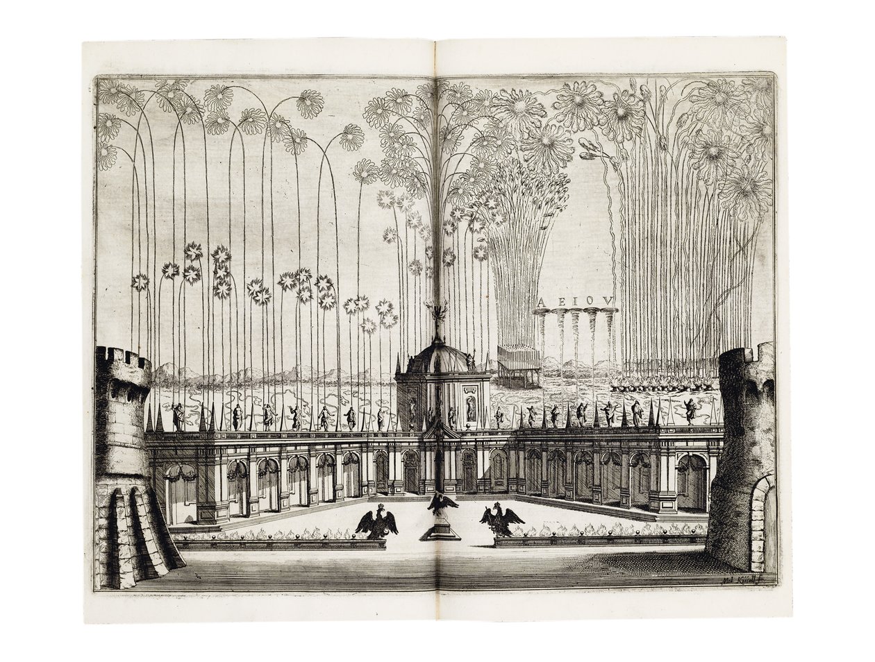 Vuurwerk ter gelegenheid van het huwelijk van Leopold I (1640-1705), Heilige Roomse Keizer, en Margaret Theresa van Spanje (1651-73) in Wenen, december 1666 door Melchior Küsel