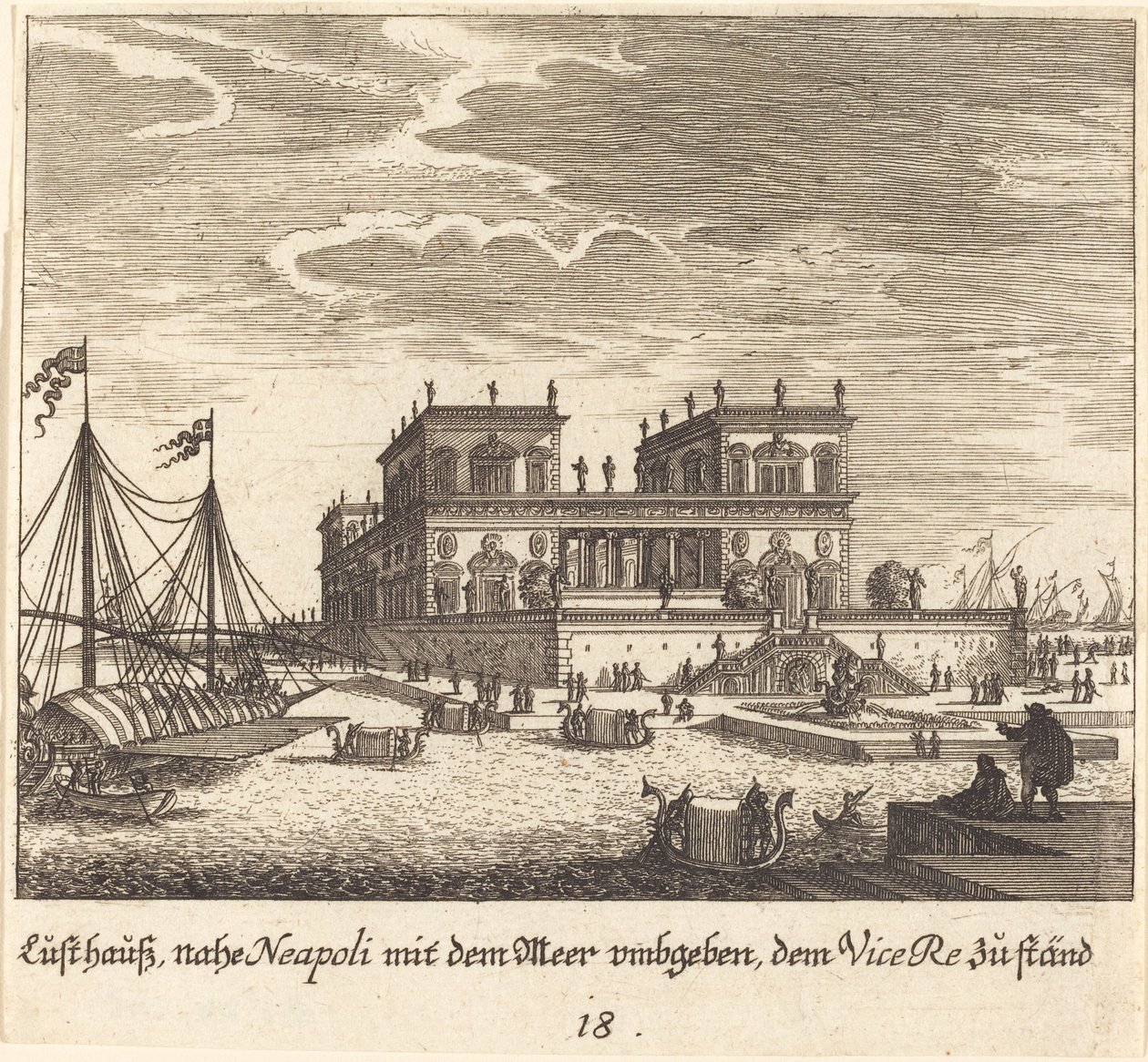 Paleis, Vice Re, Napels door Melchior Küsel after Johann Wilhelm Baur