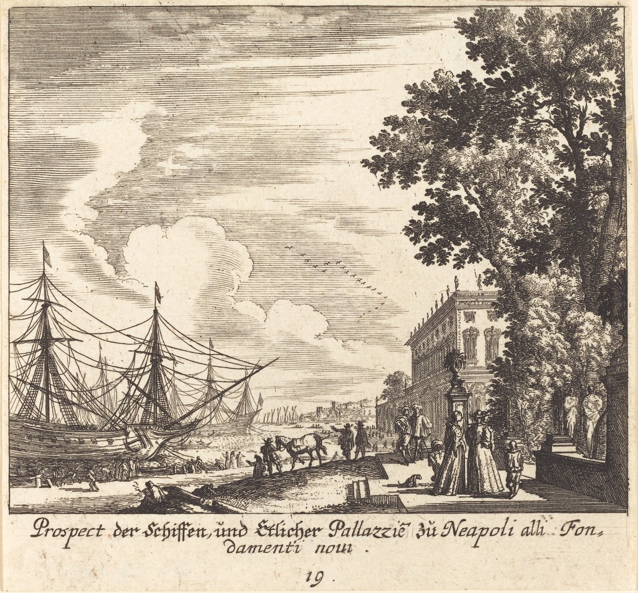Schepen, Fondamenti Novi, Napels door Melchior Küsel after Johann Wilhelm Baur