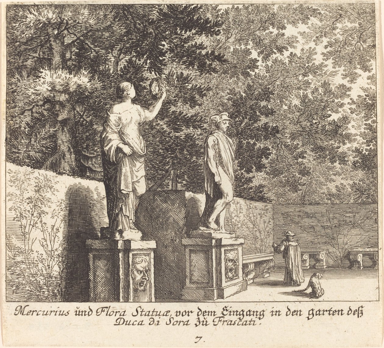 Beelden van Mercurius en Flora, tuinen van Dukedi Sora, Frascati door Melchior Küsel after Johann Wilhelm Baur