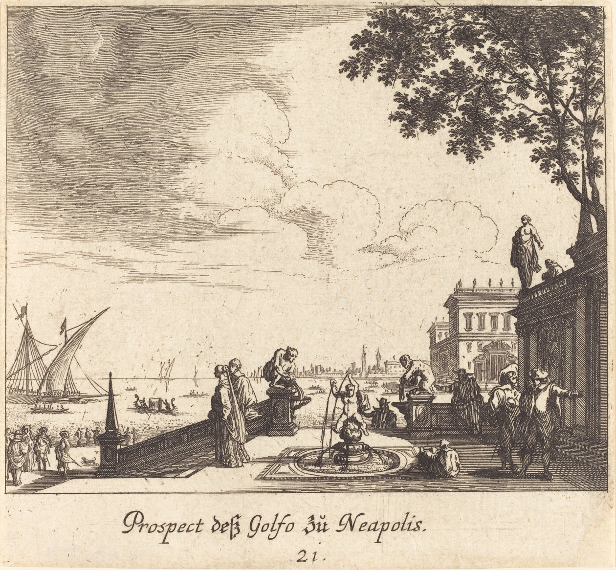 Uitzicht op de Golf van Napels door Melchior Küsel after Johann Wilhelm Baur