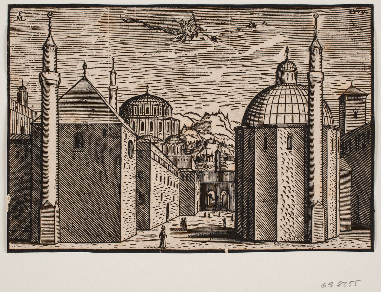3 moskeeën, elk met 1 minaret; in de lucht een vliegende draak met lange staart door Melchior Lorck