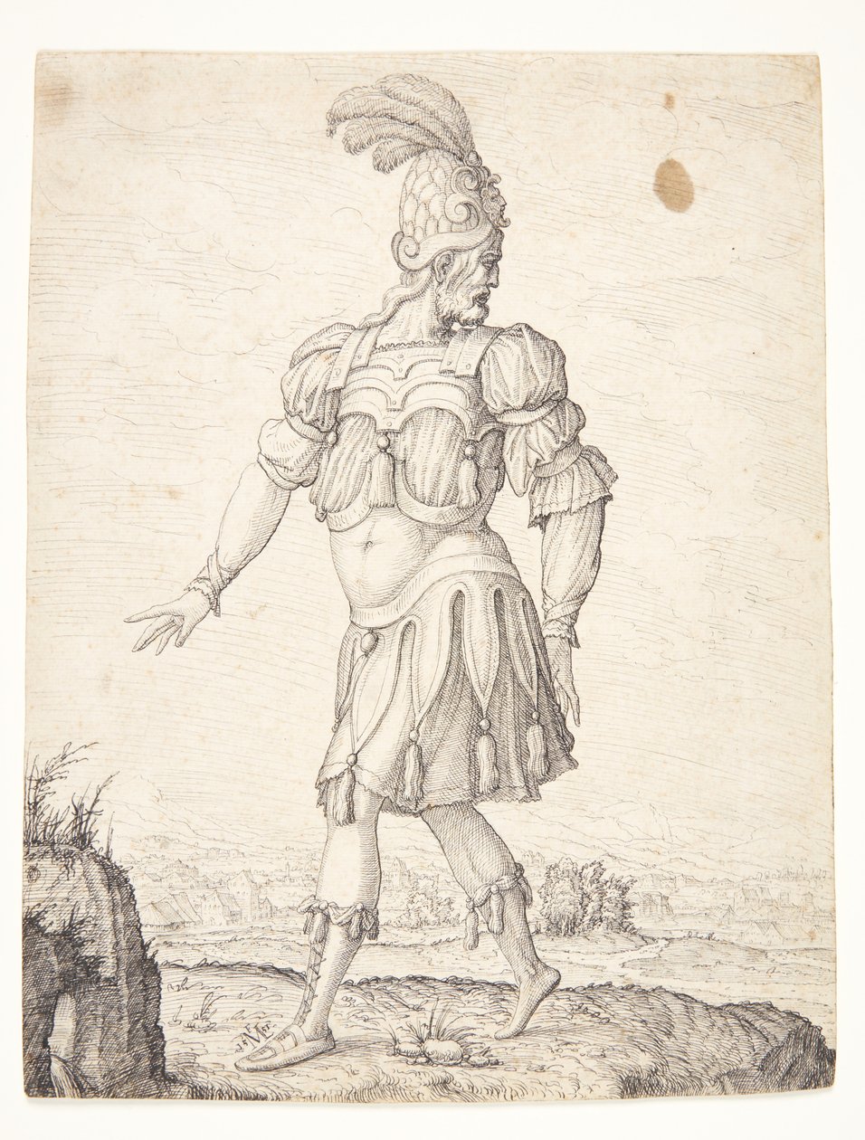 Een man in Romeinse kleding, wijzend naar een bron door Melchior Lorck