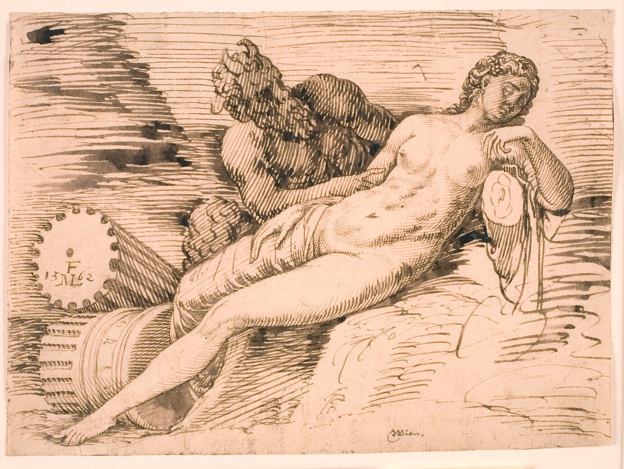 Een sater die de slapende Antiope bespiedt door Melchior Lorck