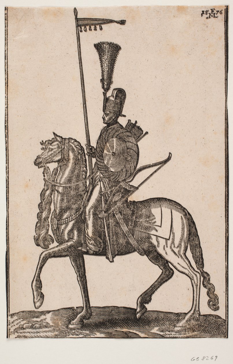 Bereden soldaat, profiel naar links; lans met wimpel, boog naast zich, rond schild, pijlenkoker; hoofddeksel met verenpluim door Melchior Lorck