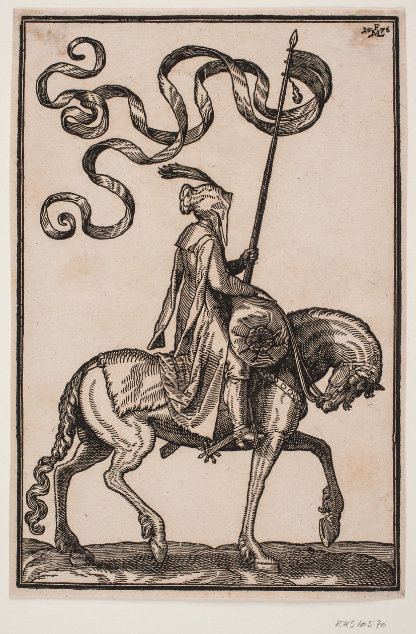 Bereden standaarddrager, profiel naar rechts; de standaard is tweevleugelig, de ruiter ongewapend, op het paard voor hem een worstvormige bagagezak door Melchior Lorck