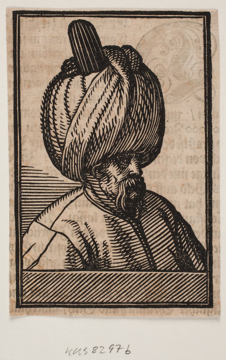 Borstbeeld van bebaarde man met tulband, 3/4 profiel naar rechts door Melchior Lorck