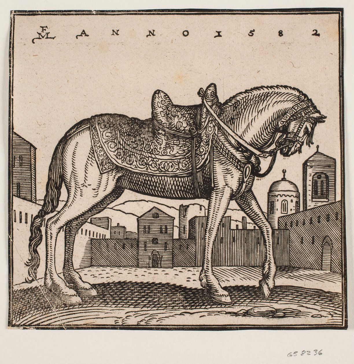 Elegante opgezadelde paard, profiel naar rechts, op een rechthoekig plein door Melchior Lorck