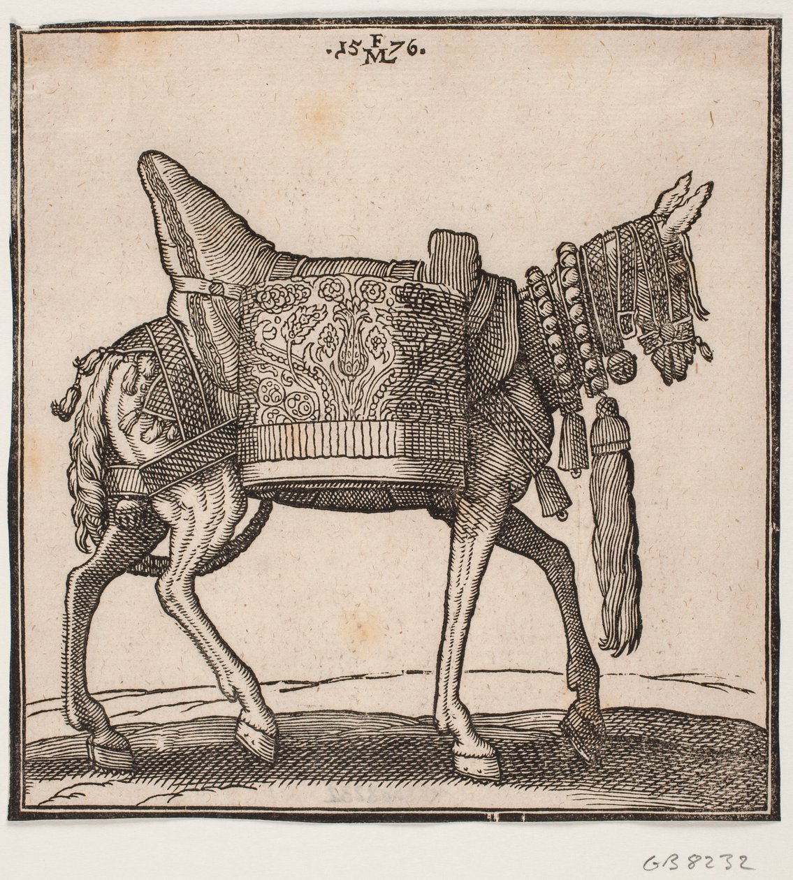 Een prachtig uitgerust muildier, profiel naar rechts door Melchior Lorck