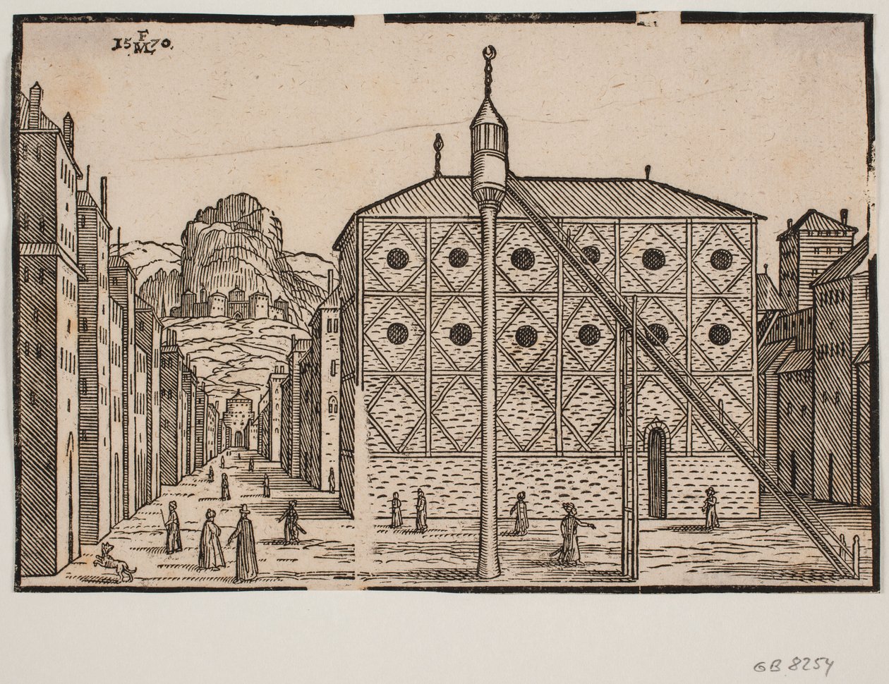 Straat, op de voorgrond moskee en vrijstaande minaret door Melchior Lorck