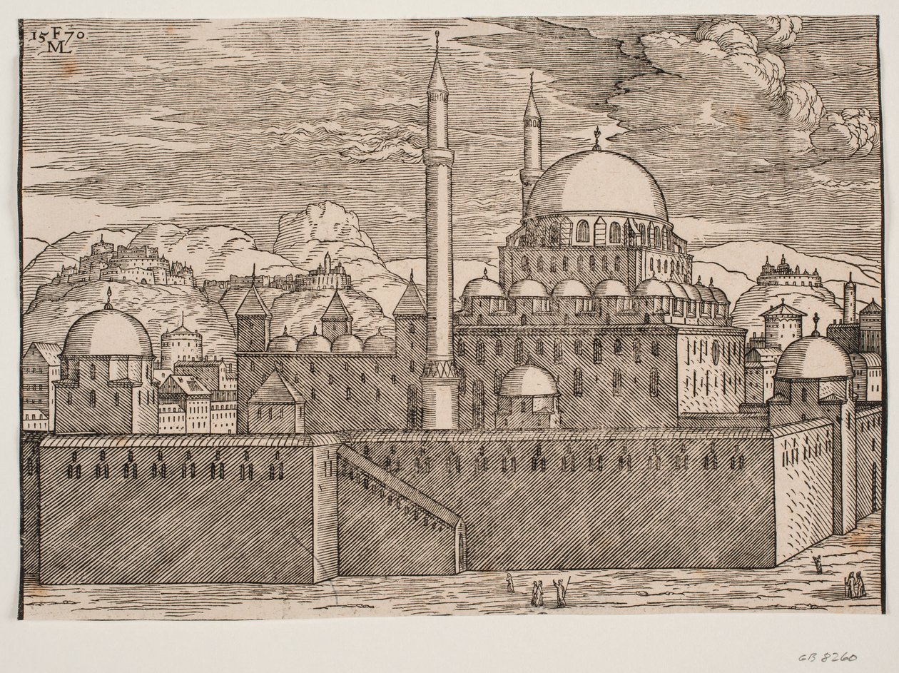 Geïdealiseerd beeld van de Bayazidiye-moskee, gezien vanuit het zuidoosten door Melchior Lorck