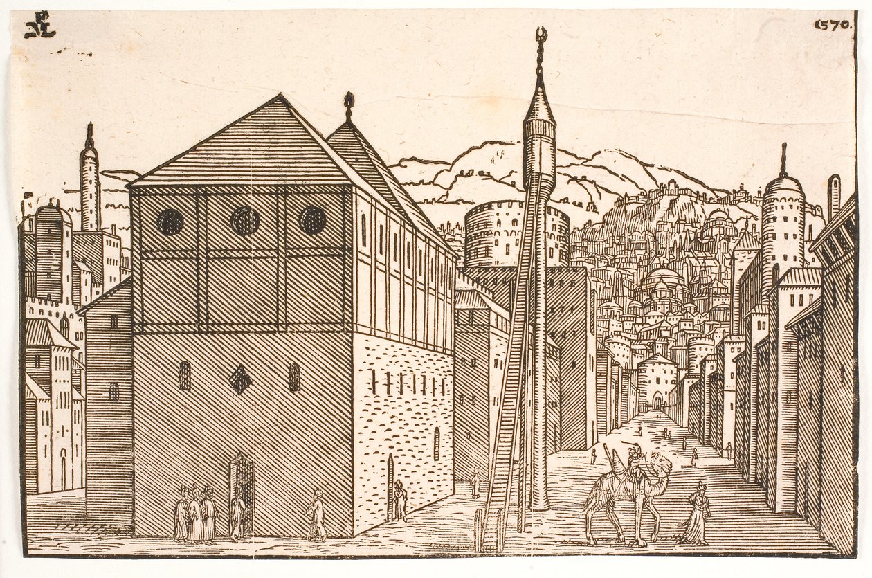 Moskee met een vrijstaande minaret met externe trap door Melchior Lorck