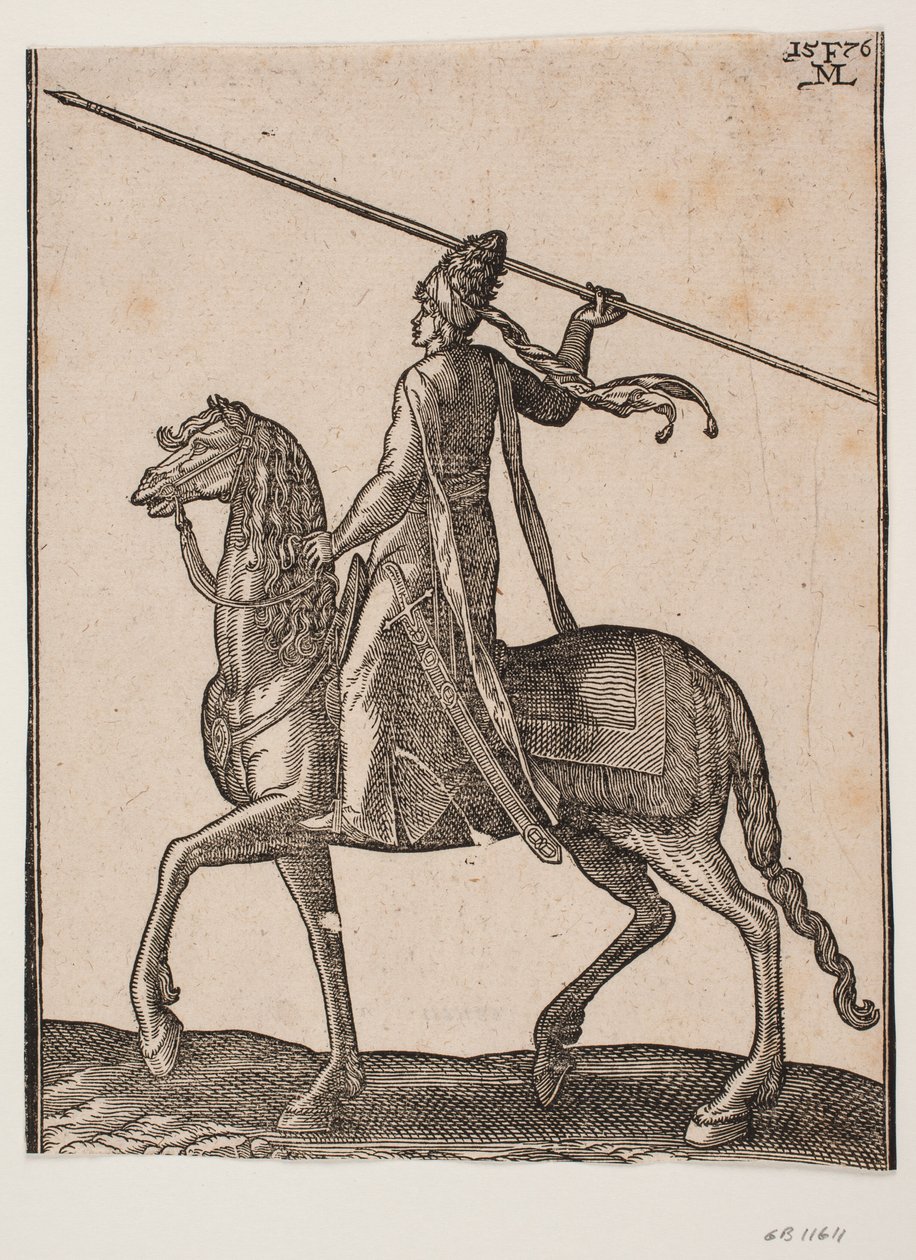 Bereden soldaat, profiel naar links; in zijn hand een lange speer geheven, alsof hij op het punt staat deze te werpen door Melchior Lorck