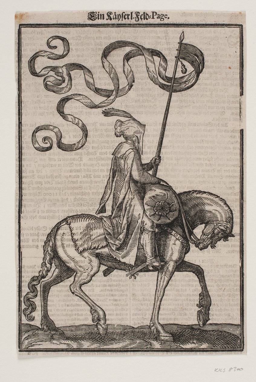 Bereden Vaandeldrager, Profiel naar Rechts; de Standaard is Tweestaartig; de Ruiter is Ongewapend; op de Rug van het Paard voor Hem is een Worstvormige Zak voor het Dragen van Bagage door Melchior Lorck