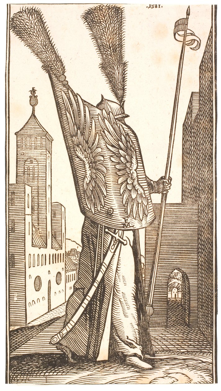 Staande soldaat met een schild versierd met adelaarsvleugels en een helm met een enorme pluim door Melchior Lorck