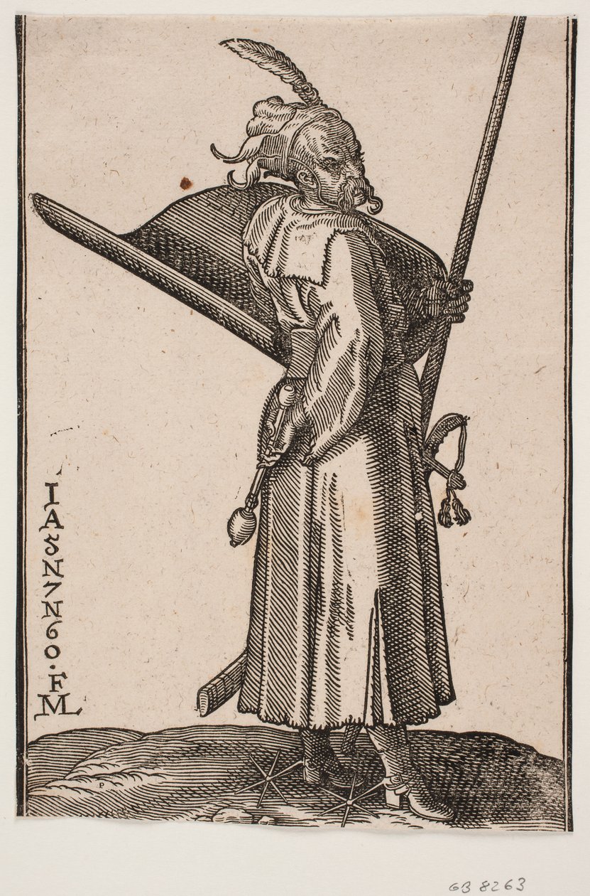 Staande soldaat (akinci), profiel naar rechts; in de rechterhand een strijdknots, in de linkerhand een lans waarvan de top buiten de bovenste kaderlijn is; op de linkerarm een schild met de binnenkant naar boven, aan de linkerzijde een zwaard door Melchior Lorck