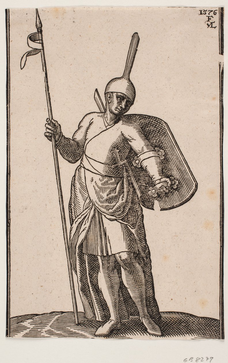 Staande soldaat, frontaal gezien; hoofddeksel met hoge, dunne top; in rechterhand een speer, op linkerarm een schild, van binnen gezien door Melchior Lorck
