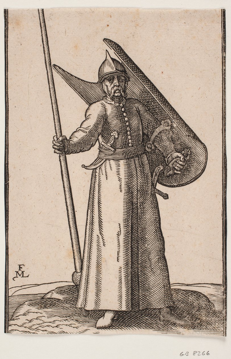 Staande soldaat met helm op het hoofd; in de rechterhand een lans, waarvan de top buiten de bovenste kaderlijn is; op de linkerarm een gebogen schild, gezien van binnen; in de riem onder de rechterarm een gebogen dolk, aan de linkerzijde een zwaard door Melchior Lorck