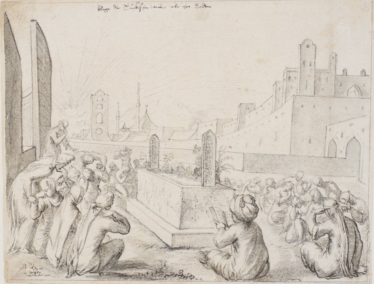 Turkse vrouwen rouwen rond een grafsteen door Melchior Lorck