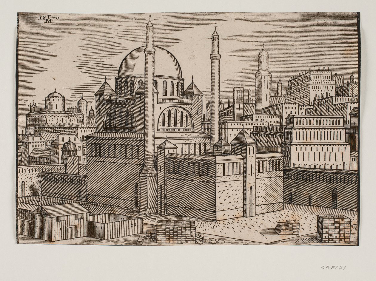 Ongeïdentificeerde moskee met 2 minaretten, gezien vanuit het noordoosten; op de voorgrond bouwplaats met gestapelde bouwstenen door Melchior Lorck