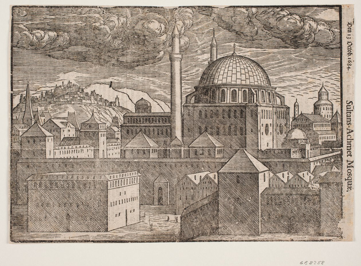 Ongeïdentificeerde moskee met 2 minaretten, gezien vanuit het zuidoosten; links een berg met versterkte stad door Melchior Lorck