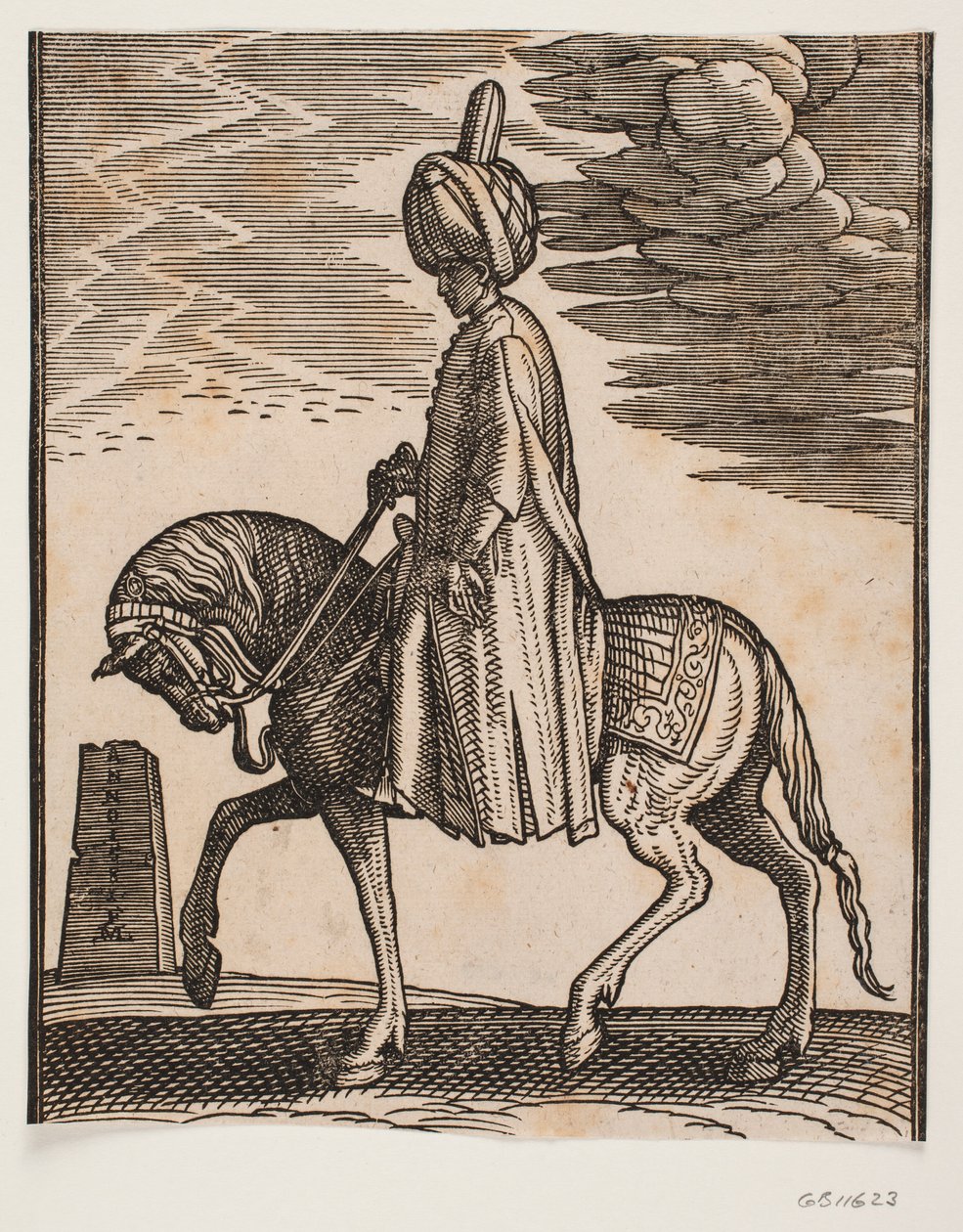 Ongewapende ruiter met tulband, profiel naar links; voor het paard een obelisk in ruïnes door Melchior Lorck
