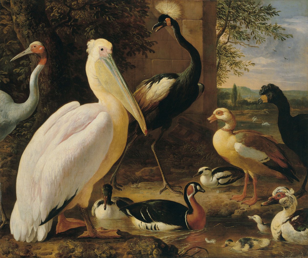 Pelikaan, kroonkraanvogel, wulp, saruskraanvogel en eenden in een rivierlandschap door Melchior d