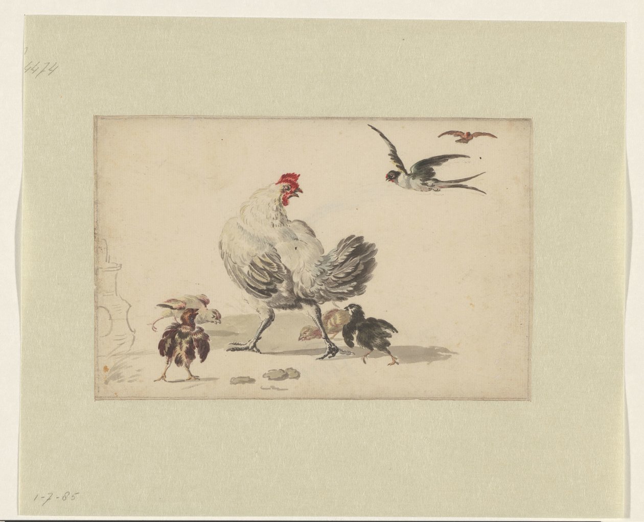 Twee zwaluwen en een hen met vier kuikens door Melchior d