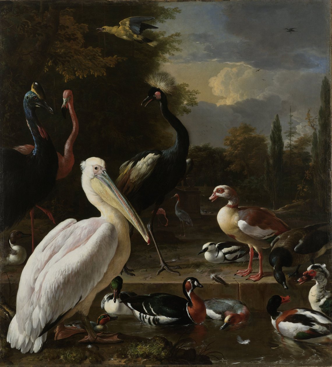 Een Pelikaan en andere Vogels bij een Poel, bekend als 