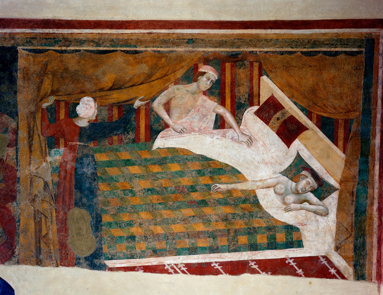 Scène uit het huwelijksleven in de Middeleeuwen. Een man voegt zich bij zijn naakte vrouw in bed. (detail) (fresco, begin 14e eeuw) door Memmo di Filippuccio