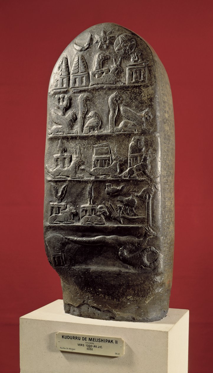 Kudurru van koning Melishikhu II die Babylonische emblemen afbeeldt, uit Susa door Mesopotamian