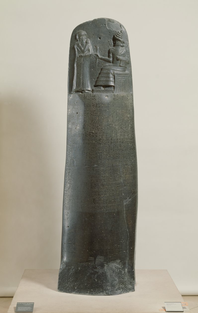 Code van Hammurabi: de god Shamash dicteert zijn wetten aan Hammurabi, koning van Babylon, gevonden in Susa, Iran, ca. 1750 v.Chr. door Mesopotamian