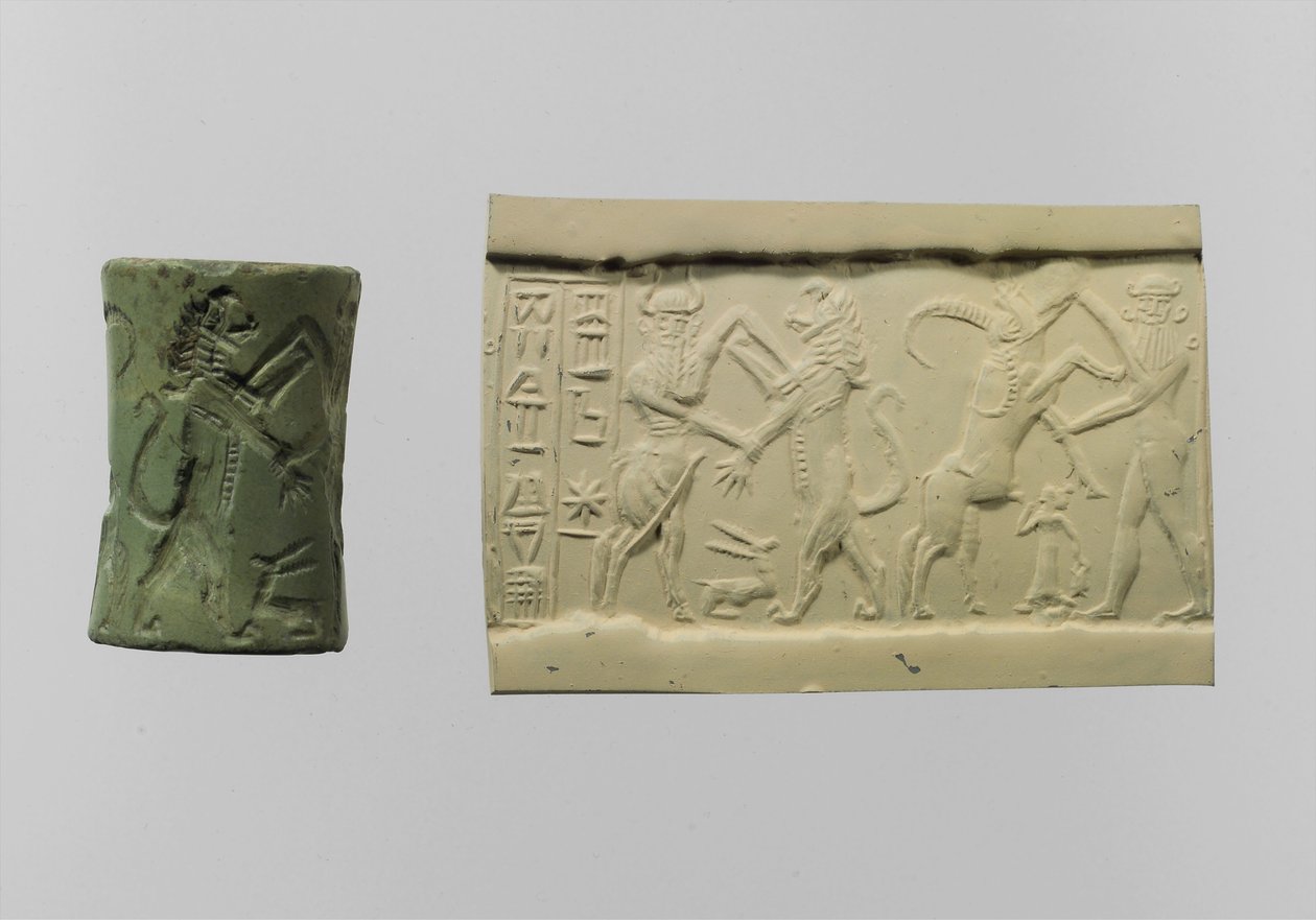 Cilinderzegel van gevecht met moderne indruk ca. 2250-2150 v.Chr. (albiet) door Mesopotamian Mesopotamian